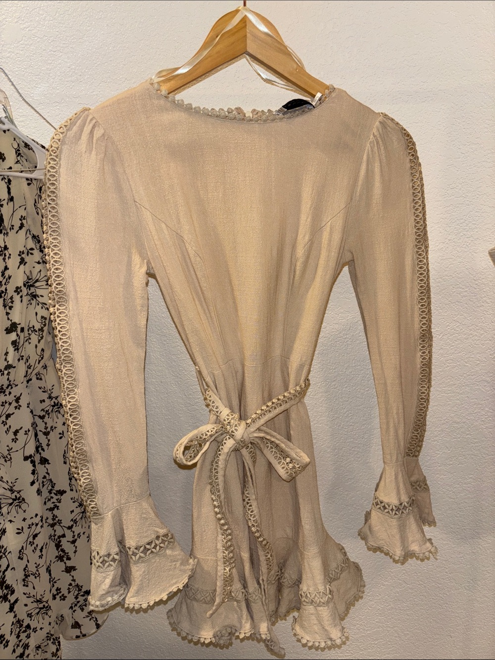 Hello Molly Beige Tie-Neck Blouse with Crochet Trim